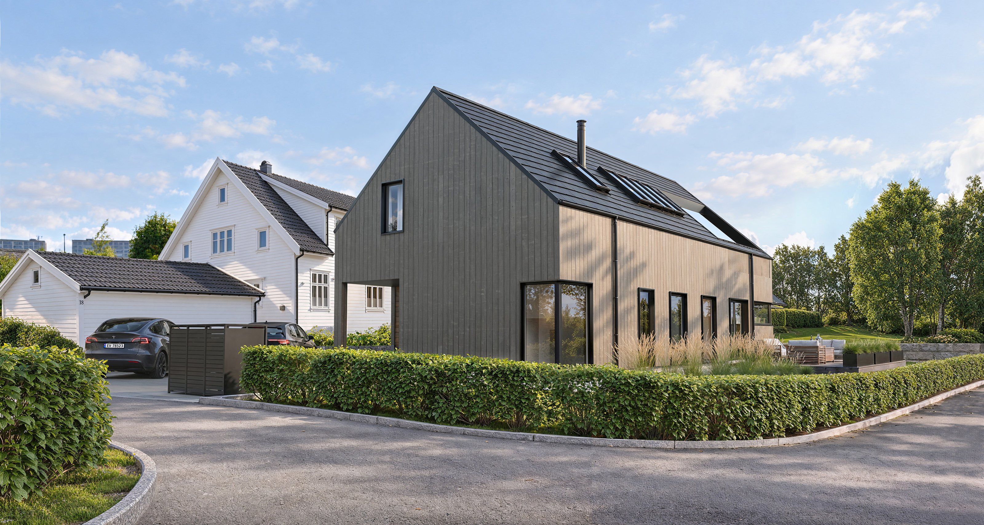 Illustrasjon av huset sett fra Dyvekes gate, med inngangsparti i gavlen og stående kledning
