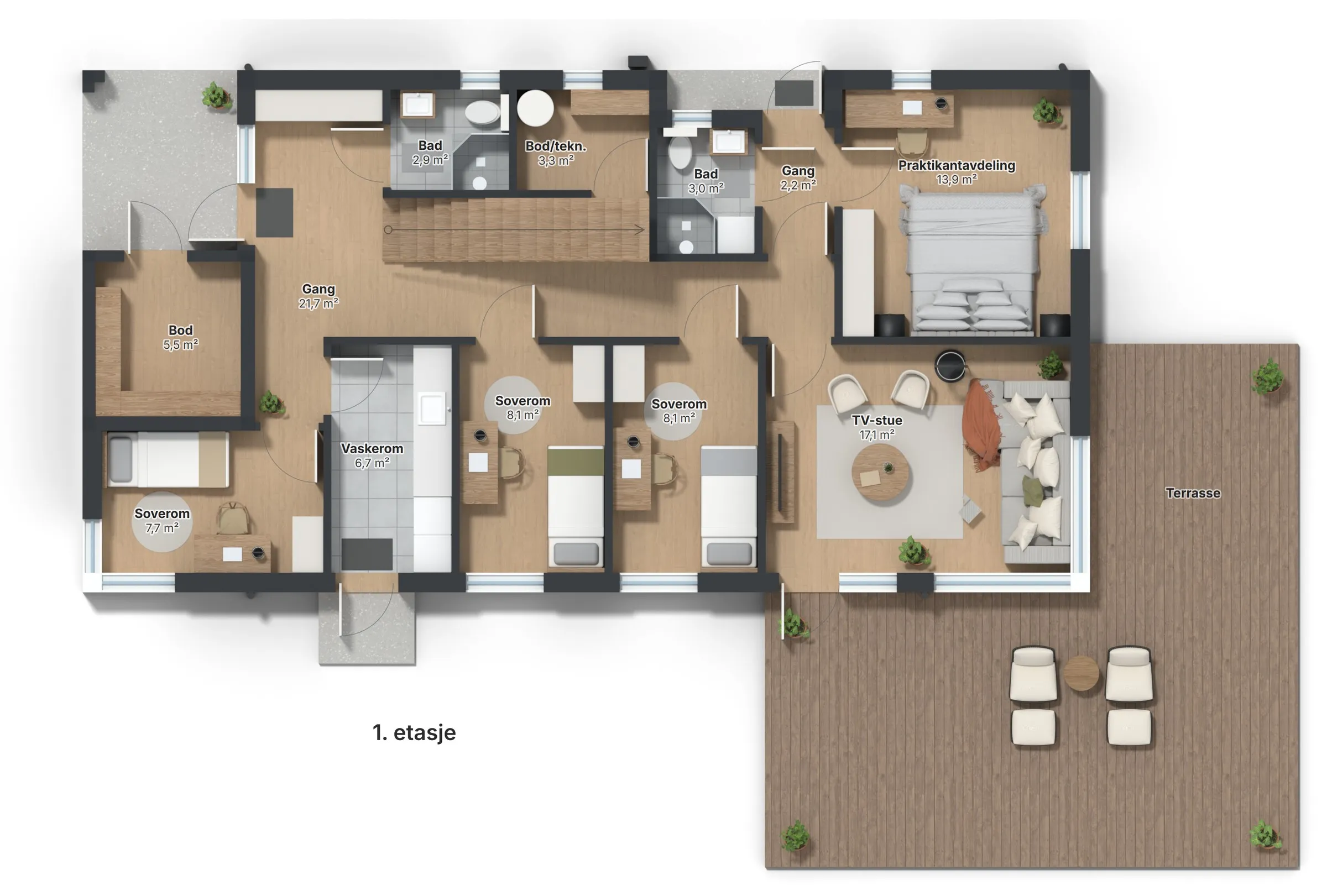 3D-plantegning av 1. etasje med romnavn og arealer