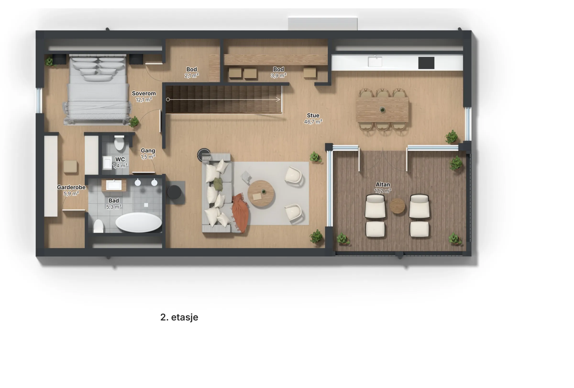 3D-plantegning av 2. etasje med romnavn og arealer