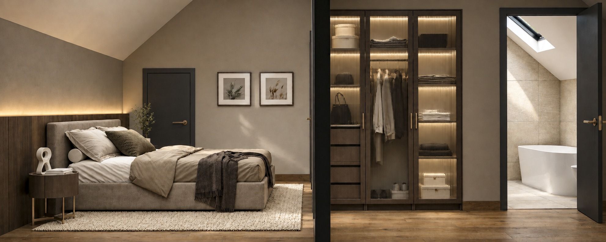 Soverom under skråtak, med garderobe og bad med frittstående badekar